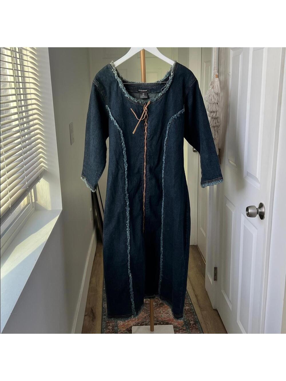 Vintage Prairie Boho Denim Long Sleeve Lace Up Blue Midi Dress Size 1X